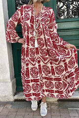 Casual Vintage Geometric Print Patchwork V Neck Printed Dresses(3 Colors)