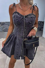 Casual Solid Make Old Zipper V Neck Sleeveless Regular Denim Dresses