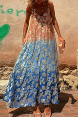 Sexy Gradient Print Contrast V Neck Sling Dresses