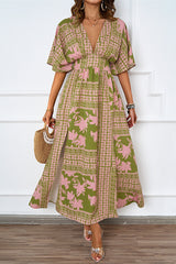 Sexy Floral Slit V Neck A Line Short Sleeve Dress