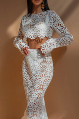 Sexy Solid Color Lace Hollow Out O Neck Long Sleeve Two Pieces