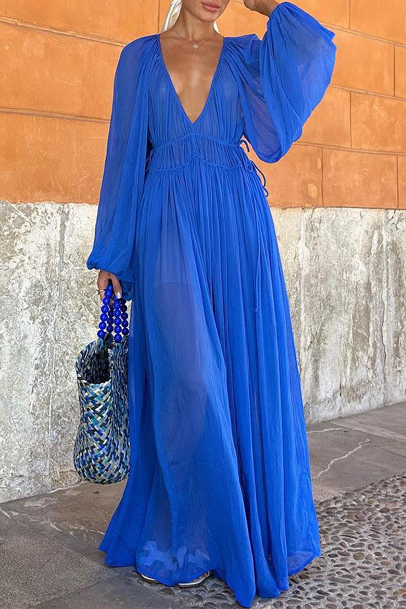 Sexy Solid Color Patchwork See-Through V Neck A Line Dresses(3 Colors)