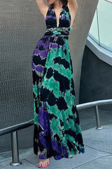 Sexy Tie Dye Print Cross Straps Contrast V Neck Sleeveless Dresses（A variety of binding methodsï¼?3 Colors)