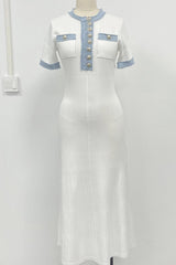 Elegant Solid Color Buttons Patchwork O Neck A Line Dresses