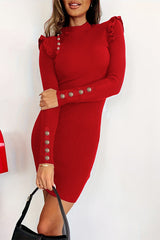 Elegant Buttons Ruffle Half A Turtleneck Wrapped Skirt Dresses