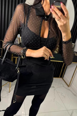 Sexy Buttons Mesh Hot Drill Turndown Collar Wrapped Skirt Dresses(3 Colors)