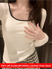 Pydshop casual fall outfits Long Sleeve Brushed Thickened Slim-Fit Square Collar Collarbone T-shirt Women's Winter Undershirt with Chest Pad Warm Top