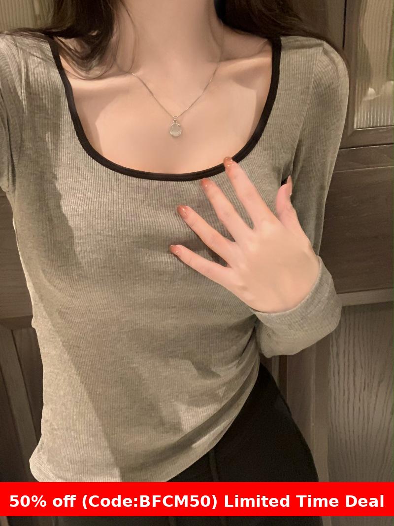 Pydshop casual fall outfits Long Sleeve Brushed Thickened Slim-Fit Square Collar Collarbone T-shirt Women's Winter Undershirt with Chest Pad Warm Top