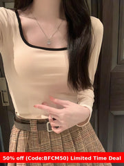 Pydshop casual fall outfits Long Sleeve Brushed Thickened Slim-Fit Square Collar Collarbone T-shirt Women's Winter Undershirt with Chest Pad Warm Top