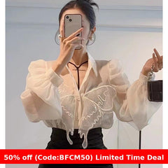 Pydshop 2000s fashion French Chiffon Shirt Women's Spring and Summer Thin Air Conditioning Shirt Niche Western Style Retro Puff Sleeve Top