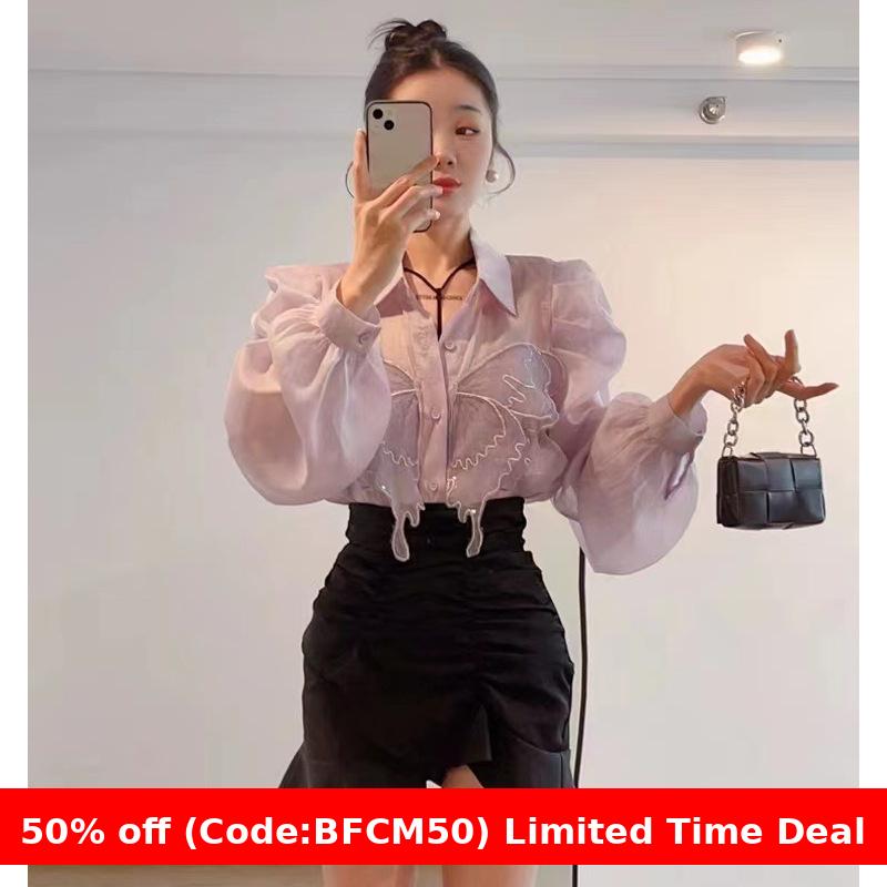 Pydshop 2000s fashion French Chiffon Shirt Women's Spring and Summer Thin Air Conditioning Shirt Niche Western Style Retro Puff Sleeve Top