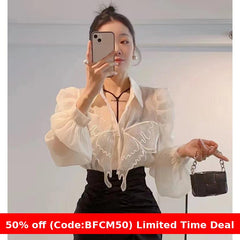 Pydshop 2000s fashion French Chiffon Shirt Women's Spring and Summer Thin Air Conditioning Shirt Niche Western Style Retro Puff Sleeve Top