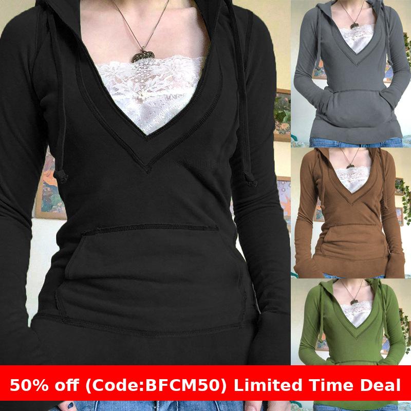 Pydshop dream clothes Women's T-shirt Slim-Fit Slimming Lace Deep V-neck Hoodie Drawstring Large Pocket Stitching Top Su3093