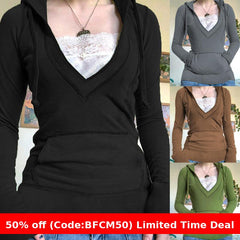 Pydshop dream clothes Women's T-shirt Slim-Fit Slimming Lace Deep V-neck Hoodie Drawstring Large Pocket Stitching Top Su3093