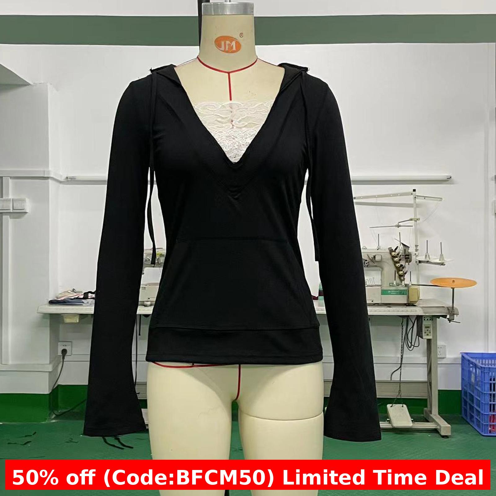 Pydshop dream clothes Women's T-shirt Slim-Fit Slimming Lace Deep V-neck Hoodie Drawstring Large Pocket Stitching Top Su3093