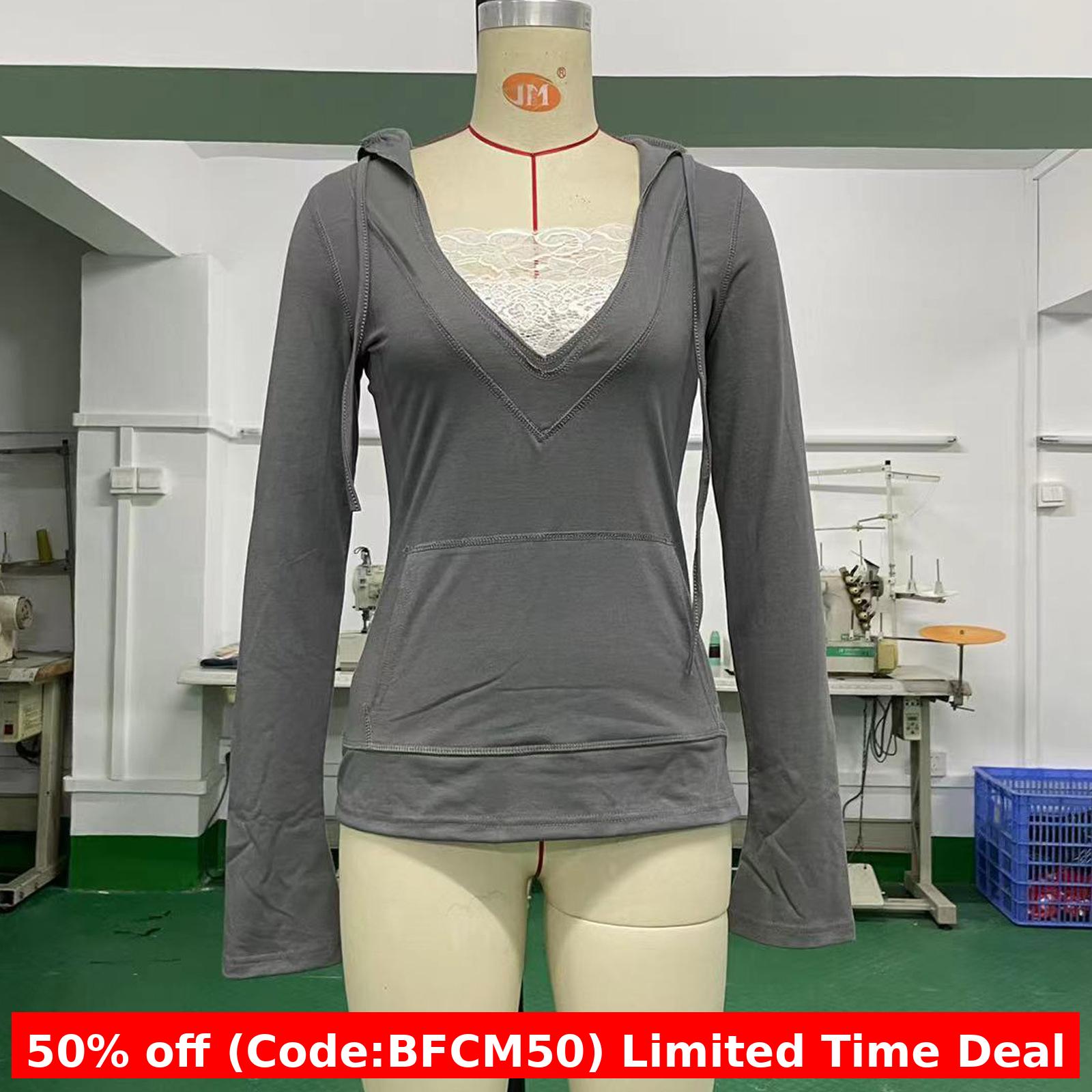 Pydshop dream clothes Women's T-shirt Slim-Fit Slimming Lace Deep V-neck Hoodie Drawstring Large Pocket Stitching Top Su3093