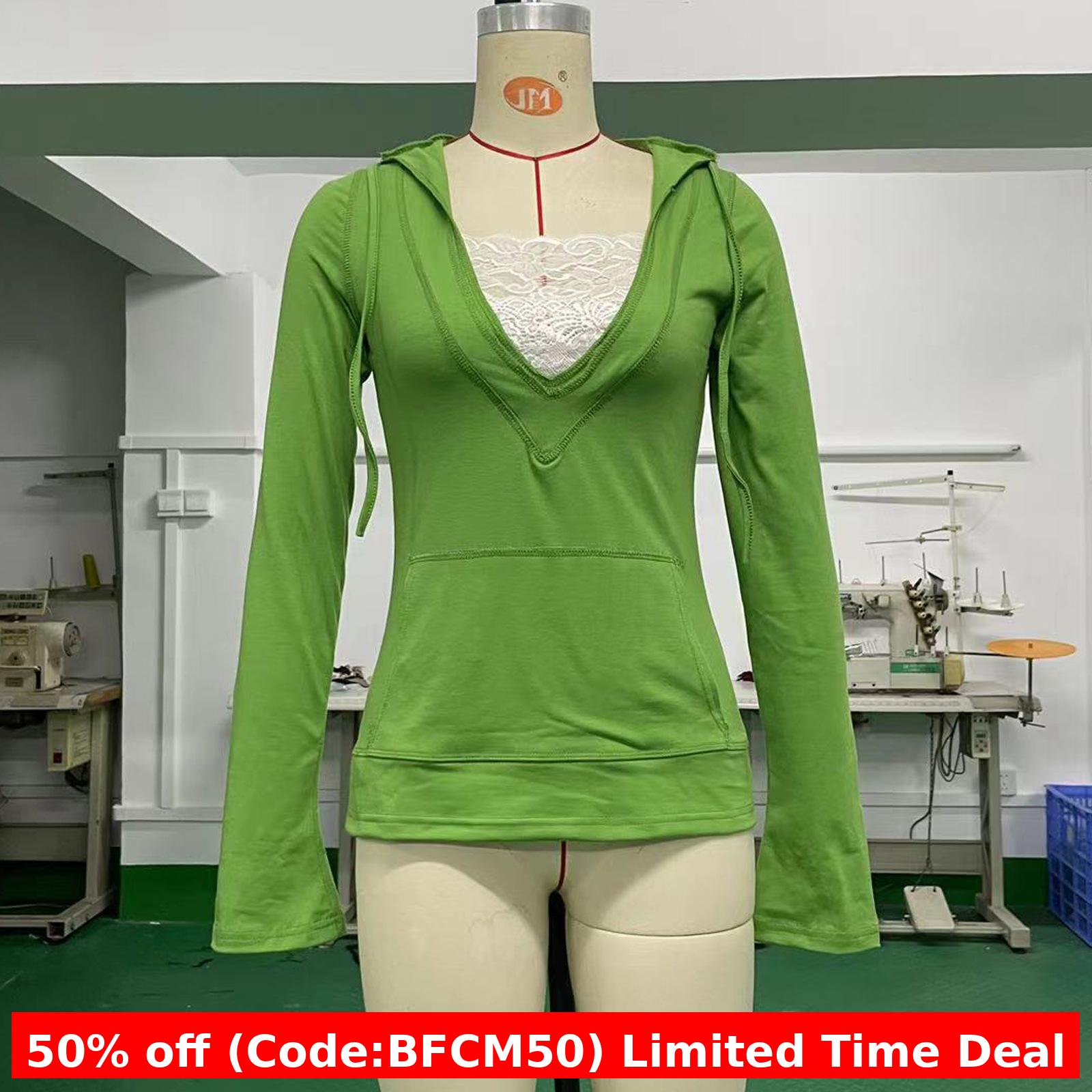 Pydshop dream clothes Women's T-shirt Slim-Fit Slimming Lace Deep V-neck Hoodie Drawstring Large Pocket Stitching Top Su3093