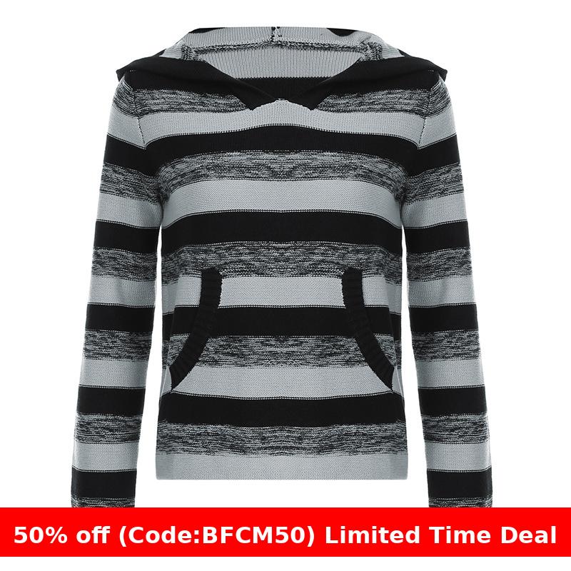 Pydshop dream clothes American Street Contrast Color Striped Loose Sweater Autumn Casual Lazy Style Hooded Casual Woolen Top for Women
