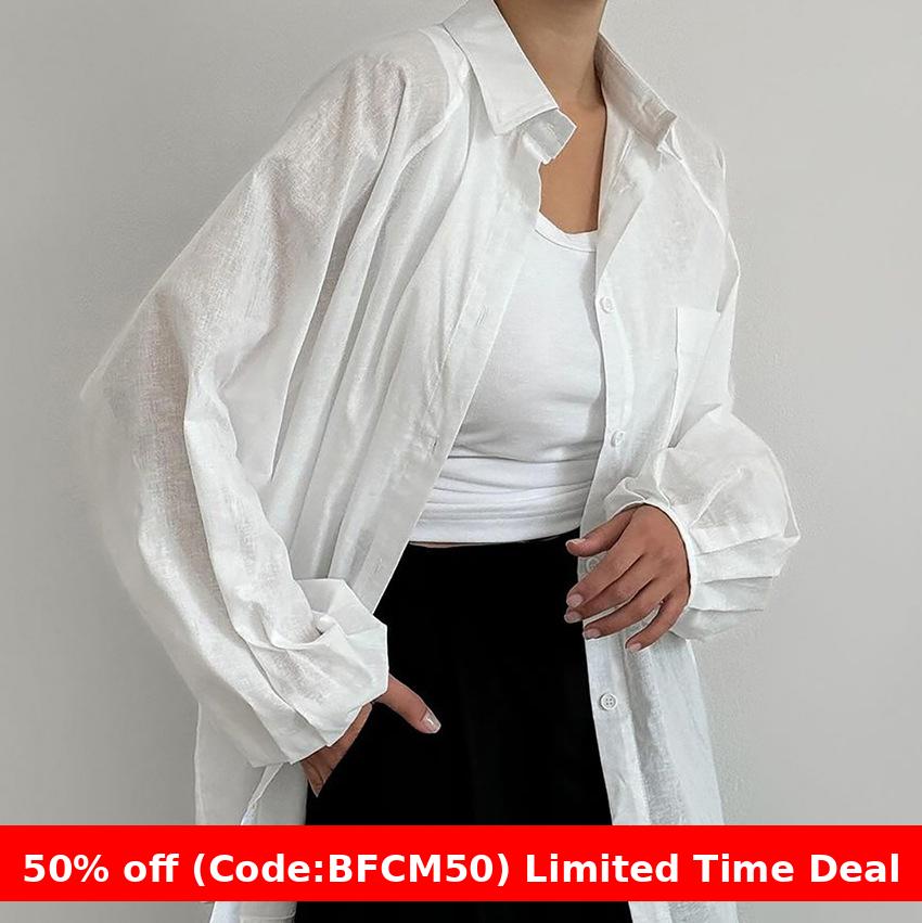 Pydshop casual dinner outfit fall Pure Cotton See-through High-Grade Loose Casual Women's Shirt 2024 Autumn and Winter Long-Sleeved Top for Women