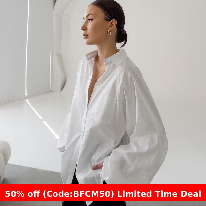 Pydshop casual dinner outfit fall Pure Cotton See-through High-Grade Loose Casual Women's Shirt 2024 Autumn and Winter Long-Sleeved Top for Women