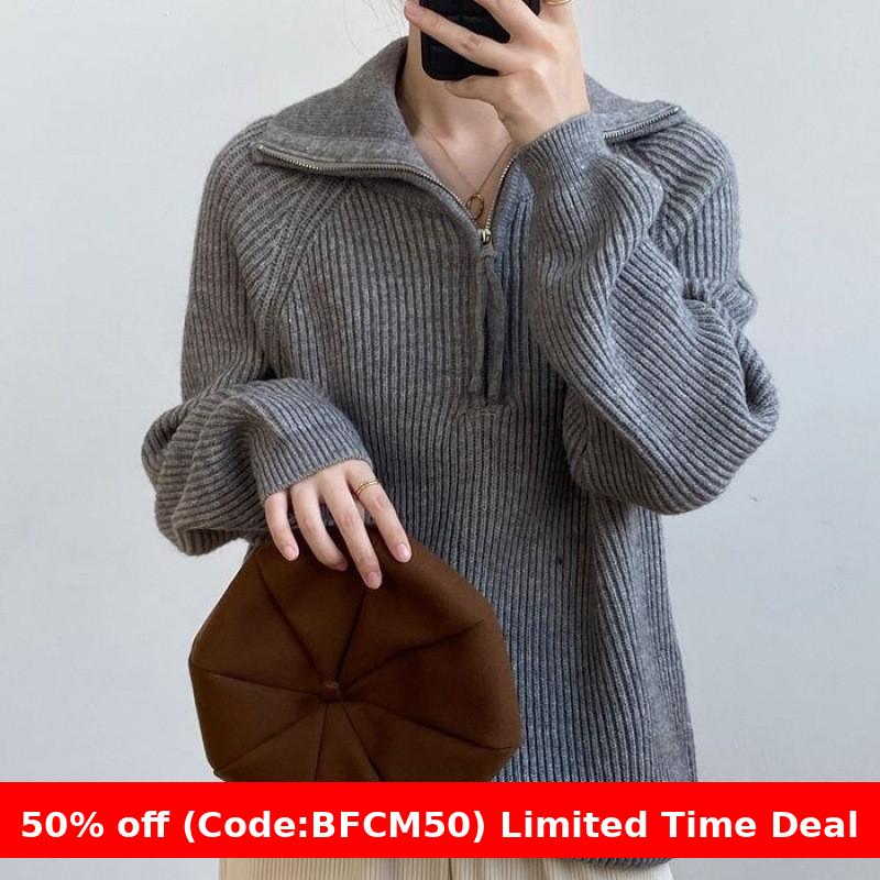 Pydshop clothes Women's Korean-Style Half-Zip Pullover Autumn and Winter Soft Glutinous Loose Lazy Style Knitted Top