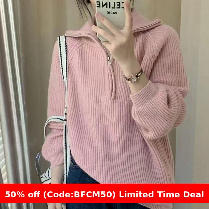Pydshop clothes Women's Korean-Style Half-Zip Pullover Autumn and Winter Soft Glutinous Loose Lazy Style Knitted Top