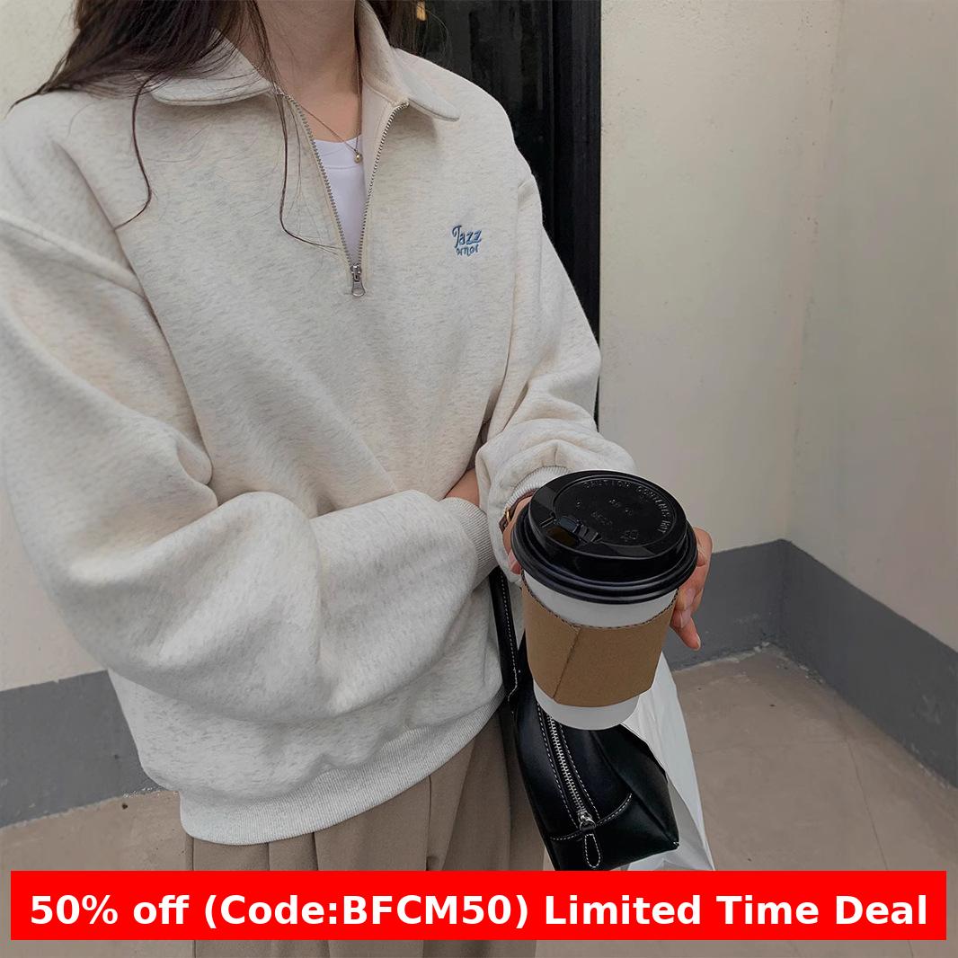 Pydshop fashion outfits 2024 Winter Korean Style Loose Polo Collar Zipper Sweater Women's Lazy Style Fleece-lined Long Sleeve Top Loose Women's Sweater