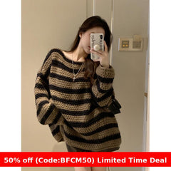 Pydshop fall outfits 2024 2024 Loose Lazy Retro Thick Loose Striped Sweater Women's Spring and Autumn off-the-Neck Thick Sweater Top
