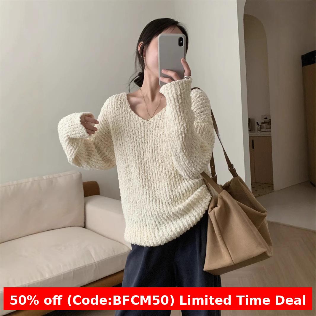 Pydshop fall outfits 2024 Korean Style Lazy Style Loose V-neck Sweater Top Women's Autumn and Winter Casual Sweater Women's