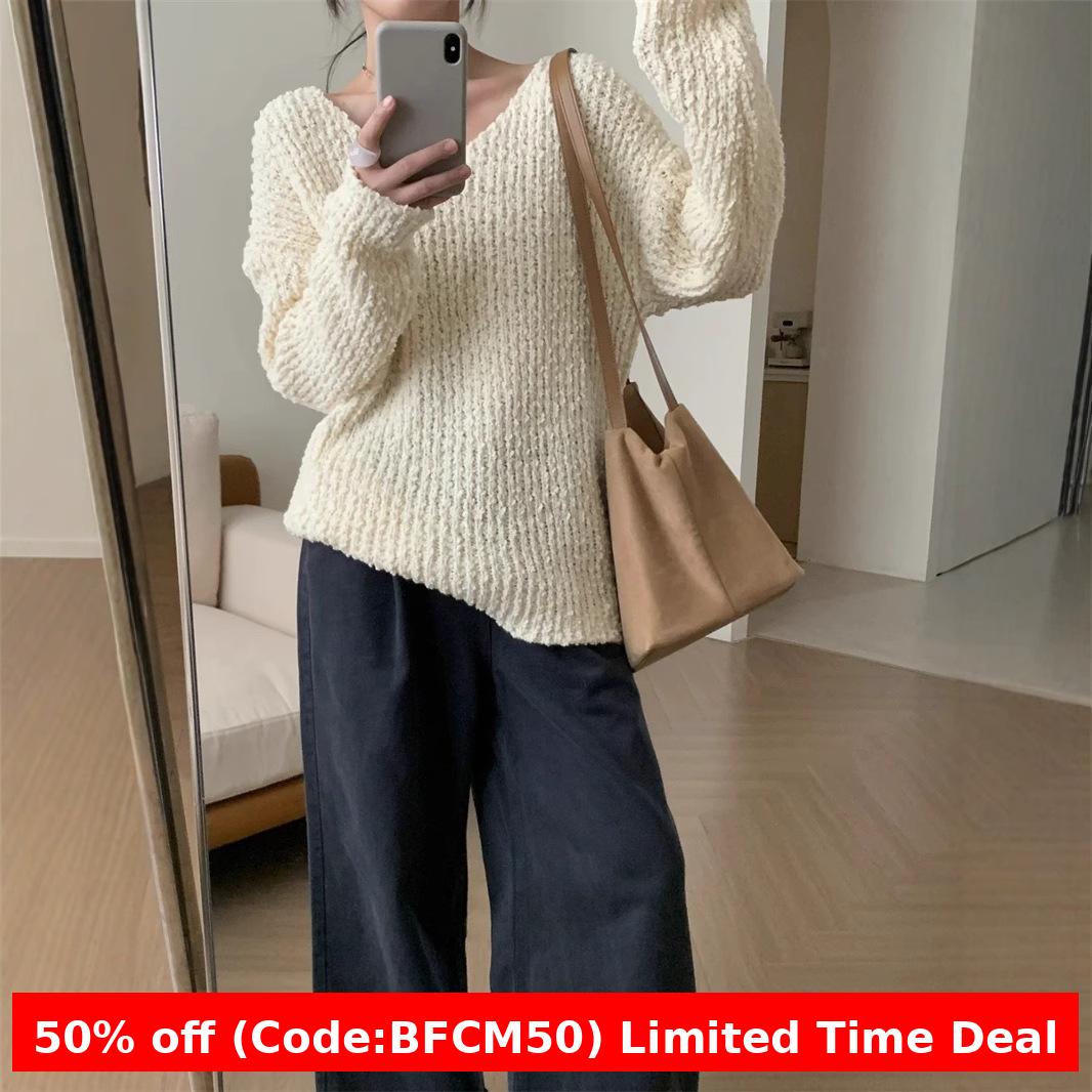 Pydshop fall outfits 2024 Korean Style Lazy Style Loose V-neck Sweater Top Women's Autumn and Winter Casual Sweater Women's