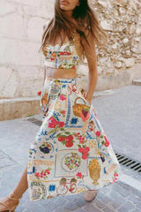 Elegant Floral Print Pocket Ruched Contrast Square Neck Sleeveless Two Pieces