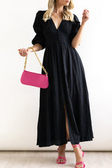 Elegant Buttons Patchwork V Neck A Line Dresses(3 Colors)