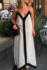 Casual Stripe Patchwork Contrast V Neck Sling Dresses