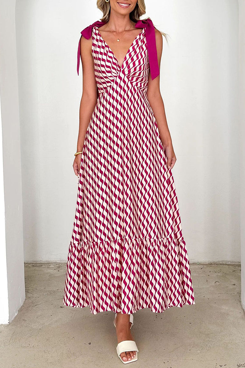 Casual Striped Print Lace Up Contrast V Neck Long Dresses