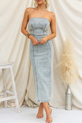 Sexy Solid Color Slit Zipper Strapless Sleeveless Skinny Denim Dresses