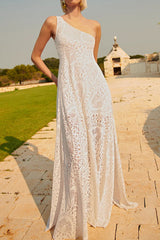 Sexy Solid Color Lace Slit Sloping Shoulder Long Dresses