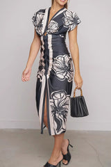 Casual Flowers Print Slit Ruched Contrast V Neck A Line Short Sleeve Dress