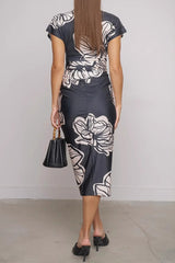 Casual Flowers Print Slit Ruched Contrast V Neck A Line Short Sleeve Dress