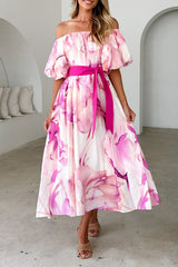 Elegant Floral Print Lace Up Off Shoulder A Line Dresses