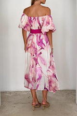 Elegant Floral Print Lace Up Off Shoulder A Line Dresses