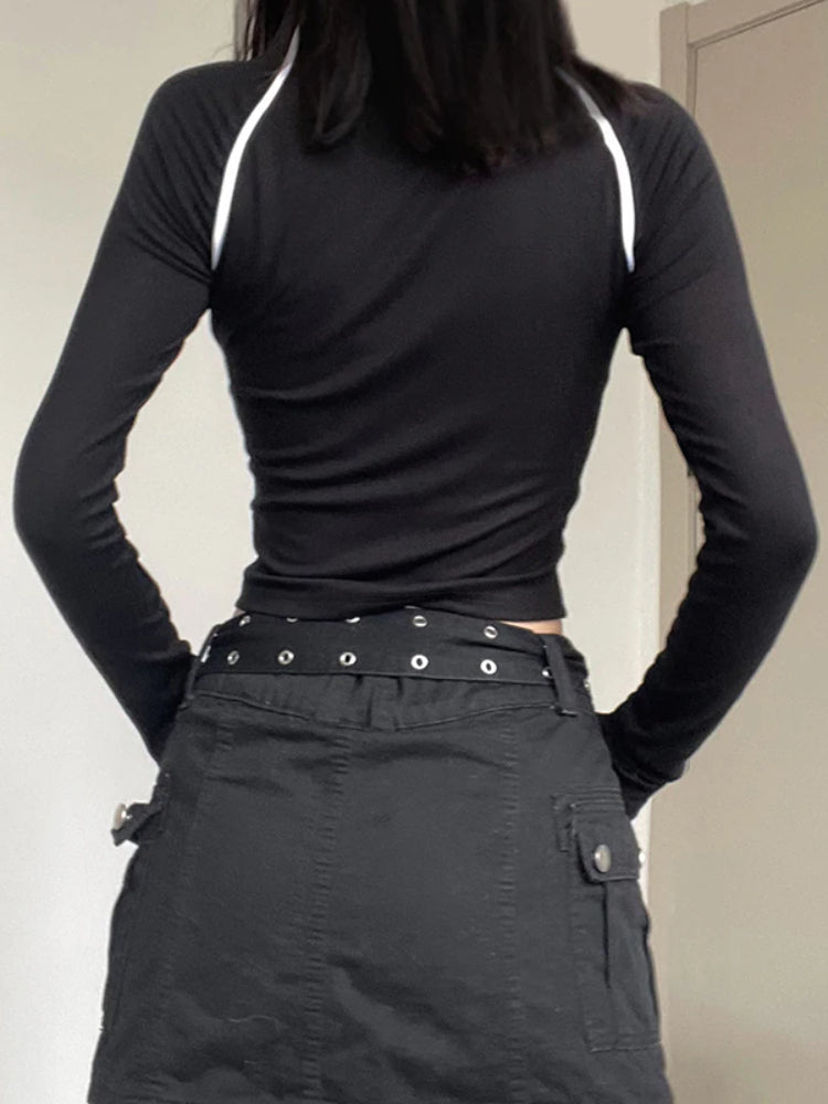 Pydshop Black Casual Stripe Stitch Zipper Top