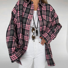 Pydshop Fashion Retro Lattice Loose Shirt For Women Single-Breasted Long Sleeves Contrast Color Top Cardigan Female Autumn NewChristmas Gifts
