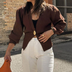 Pydshop Chic Solid Button Knitted Cardigan Women Casual Deep V Neck Long Sleeve Slim Warm Sweater Autumn New Lady Fashion Top