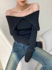 Pydshop Autumn Winter Women Sweaters Casual Long Sleeve Knitted Pullover Sweater Basic Solid Sexy Off Shoulder Crop Top Fashion Clothes