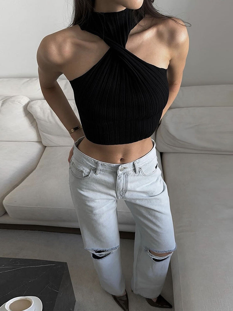 Pydshop Cross-Chest Off-shoulder Knitwear Vest Top For Women Summer Hot Girl Slim Sleeveless Twist Navel Short Top Y2K Pullover