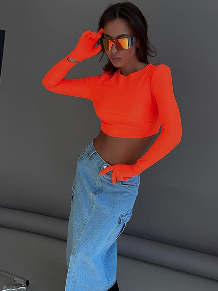Pydshop Gloves Splicing Crop Tops Women O Neck Slim Solid T Shirts Ladies Fashion Casual Bodycon Tees For Women's Clothing 2024Christmas Gifts