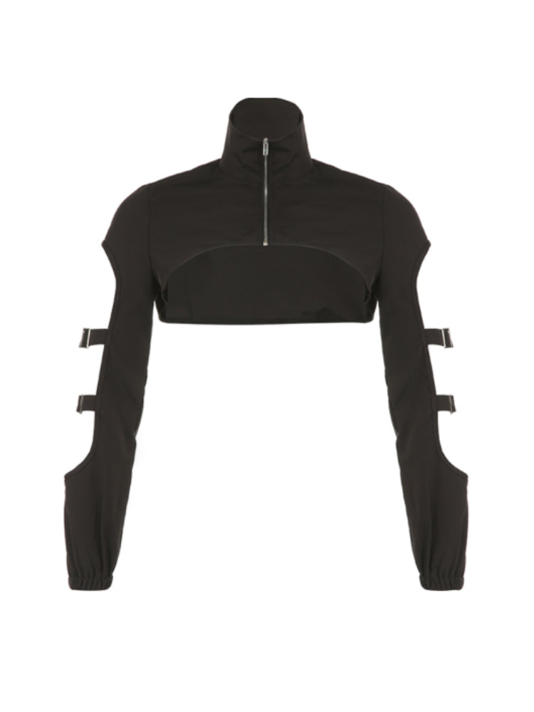 Pydshop Black Buckle Turtleneck Pullover Smock Zipper Top