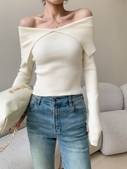 Pydshop Autumn Winter Women Sweaters Casual Long Sleeve Knitted Pullover Sweater Basic Solid Sexy Off Shoulder Crop Top Fashion Clothes