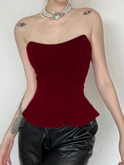 Pydshop 2024 Fashion Woman tops y2k style Red Strapless Velour Lace Up Corset Top