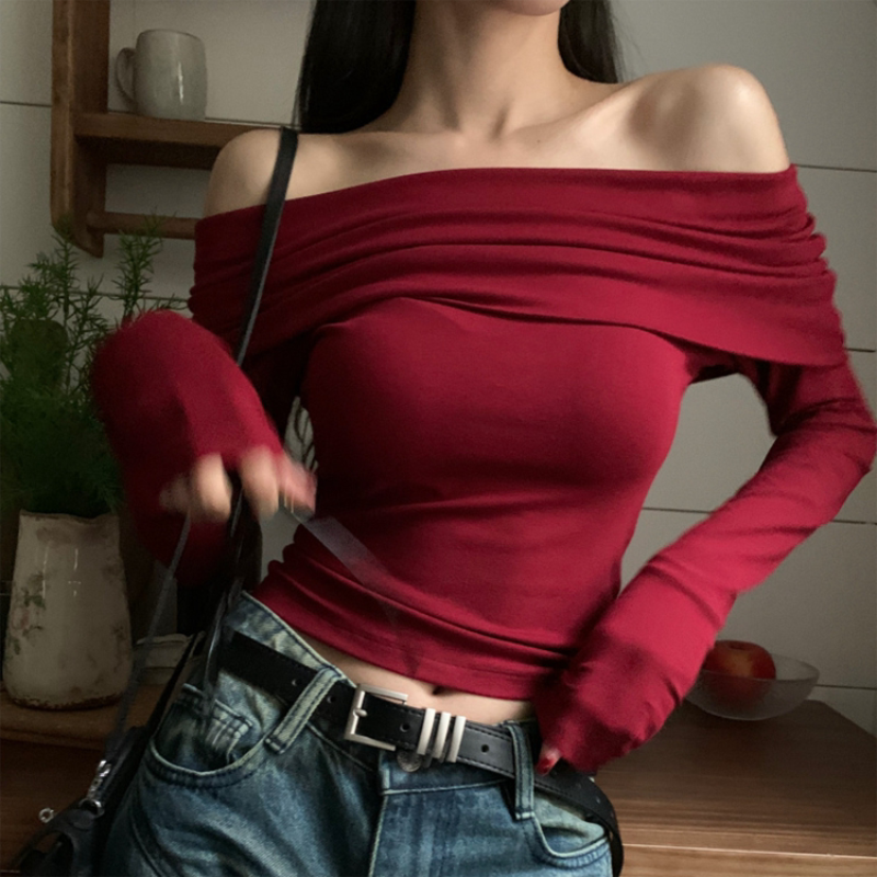 Pydshop Chic Women Sexy Off Shoulder T-shirt Winter Long Sleeve Slim Fit Crop Top Y2K Vintage Harajuku Black Tees Elegant Female Clothes